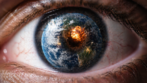 Visual retina mata yang menampakkan kehancuran bumi akibat perang