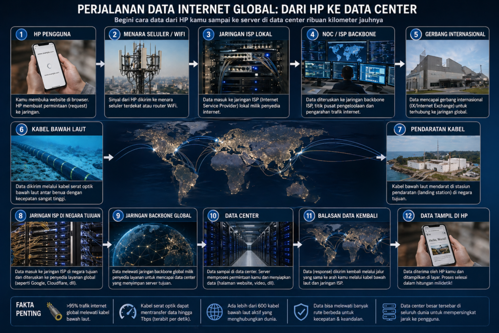 Info grafis perjalanan data dari DAta Center ke Ponsel