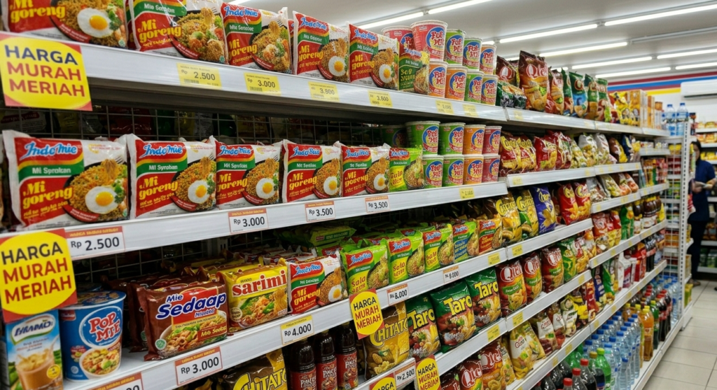Deretan makanan instan di rak supermarket