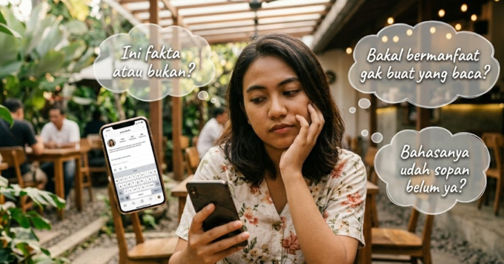 Seorang Perempuan merenung sambil menatap layar ponses