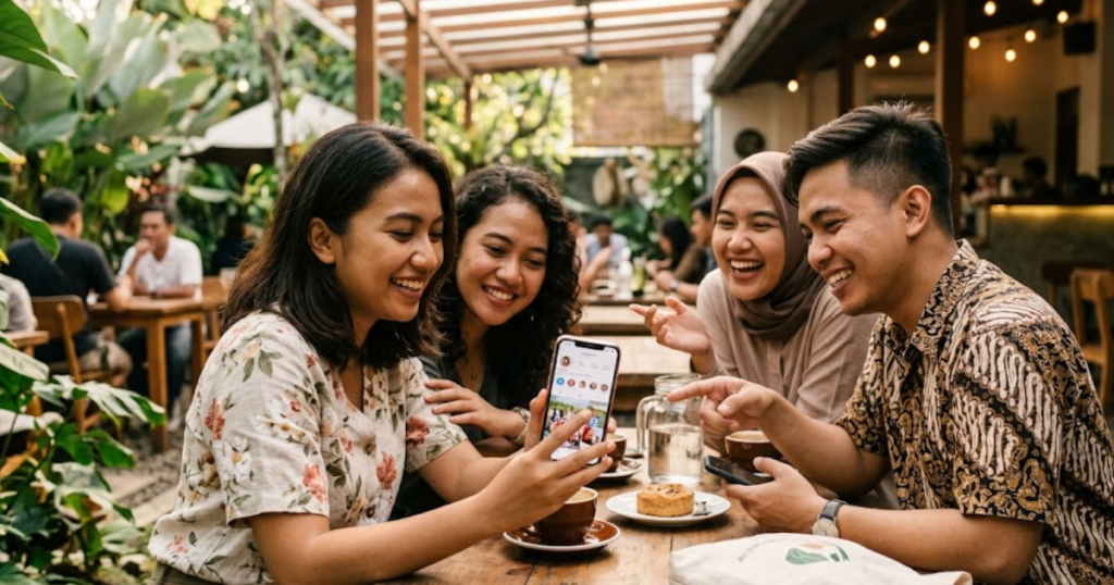 Empat orang Bercengkerama sambil memperlihatkan ponsel
