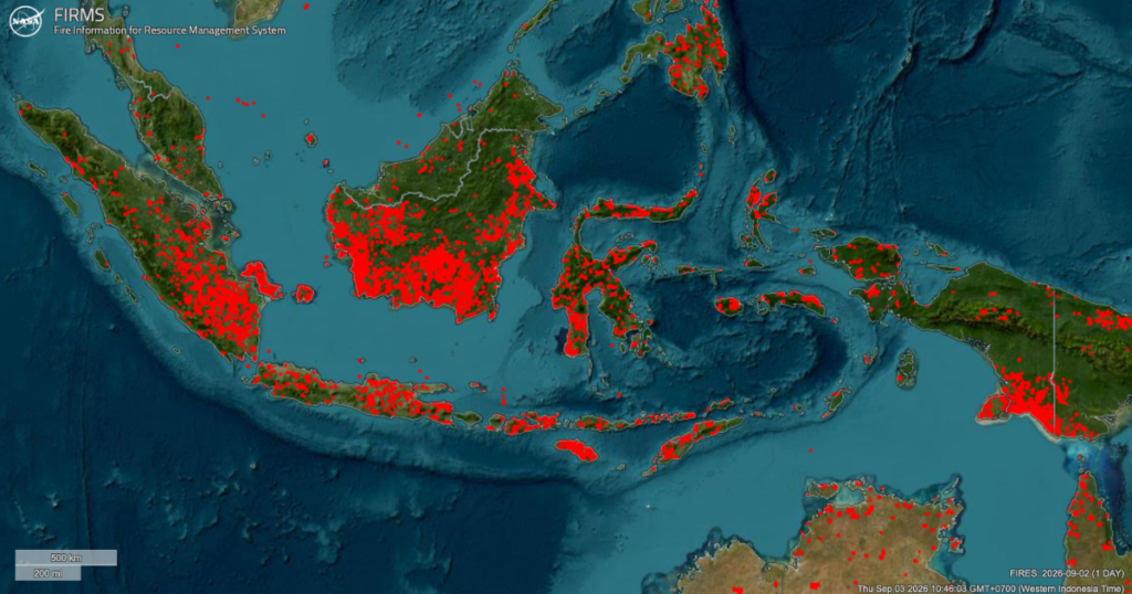 Foto sebaran titik api dari Fire Information for Resource Management System (NASA), diakses Kamis, 3 September 2026 pukul 10.49 WIB